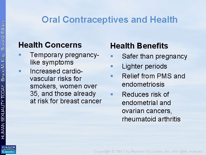 Oral Contraceptives and Health Concerns Health Benefits § § § Temporary pregnancylike symptoms Increased