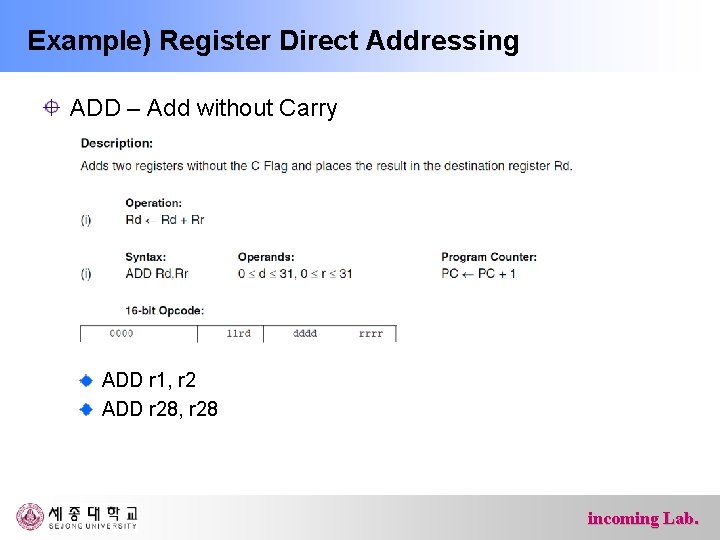 Example) Register Direct Addressing ADD – Add without Carry ADD r 1, r 2