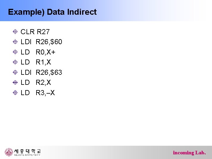 Example) Data Indirect CLR R 27 LDI R 26, $60 LD R 0, X+