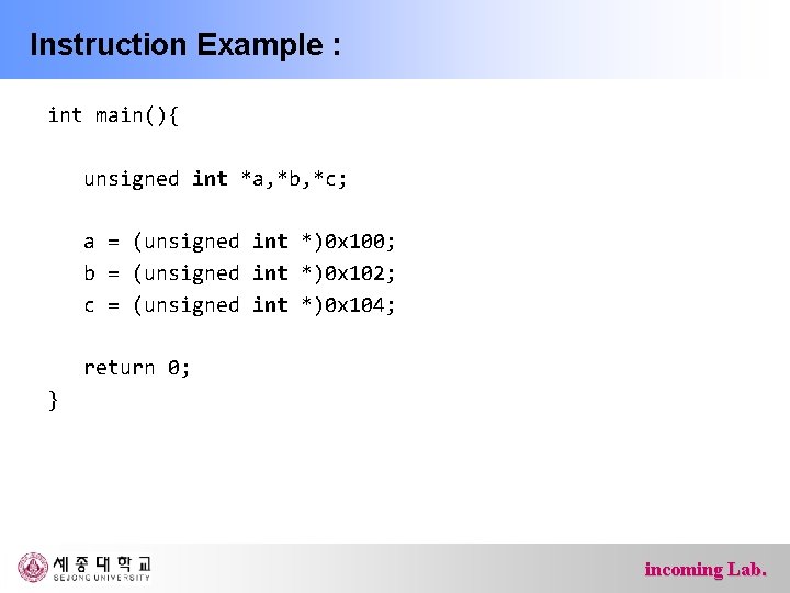 Instruction Example : int main(){ unsigned int *a, *b, *c; a = (unsigned int