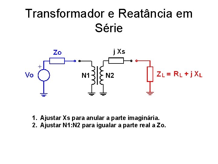 Transformador e Reatância em Série 1. Ajustar Xs para anular a parte imaginária. 2.