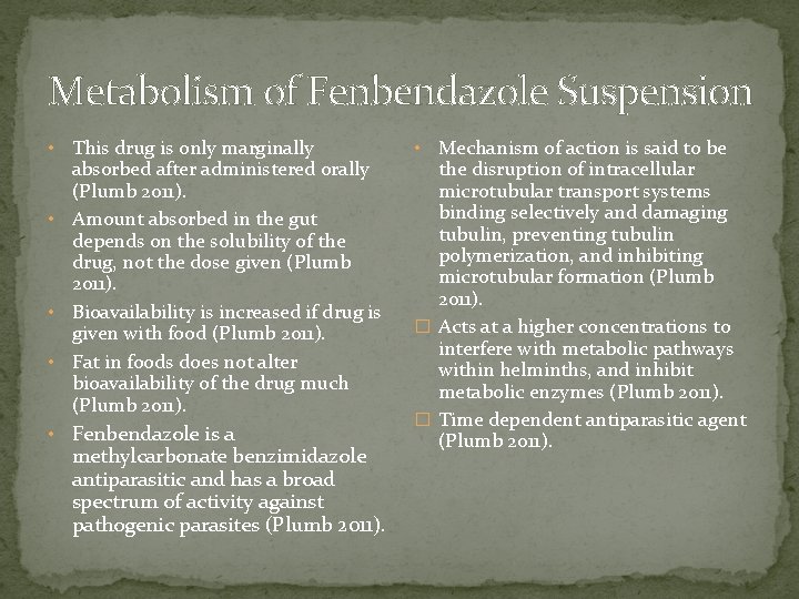 Metabolism of Fenbendazole Suspension This drug is only marginally absorbed after administered orally (Plumb