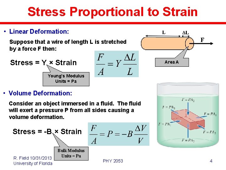Stress Proportional to Strain • Linear Deformation: Suppose that a wire of length L