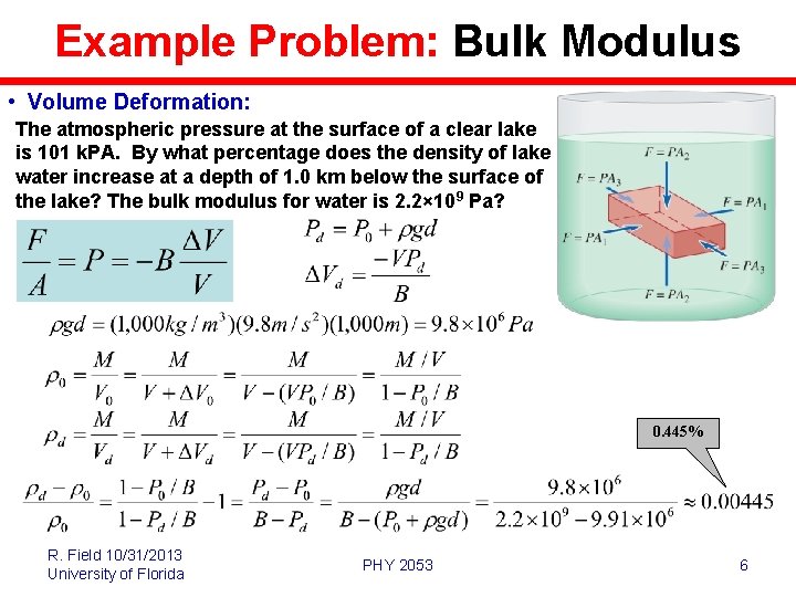 Example Problem: Bulk Modulus • Volume Deformation: The atmospheric pressure at the surface of