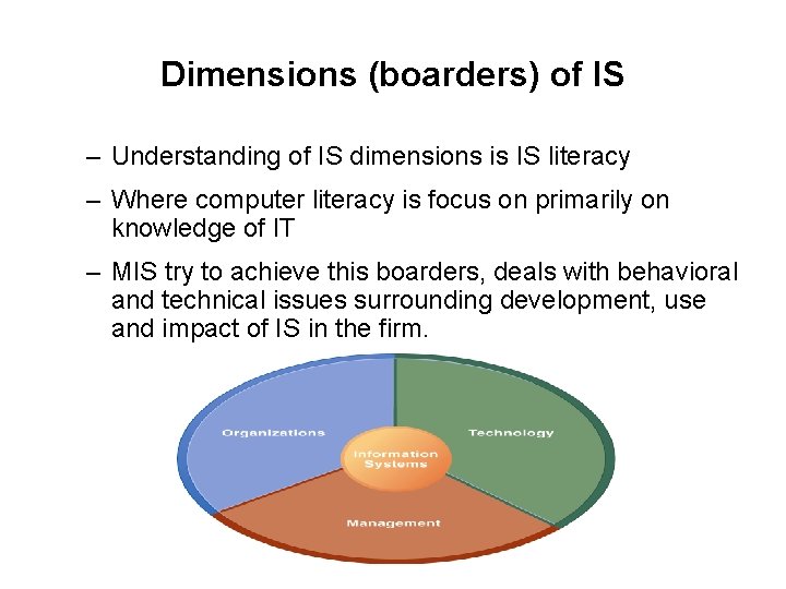 Dimensions (boarders) of IS – Understanding of IS dimensions is IS literacy – Where