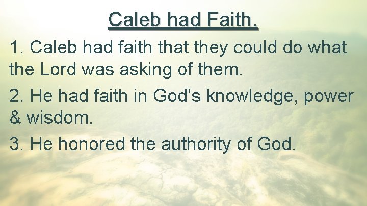 Caleb had Faith. 1. Caleb had faith that they could do what the Lord