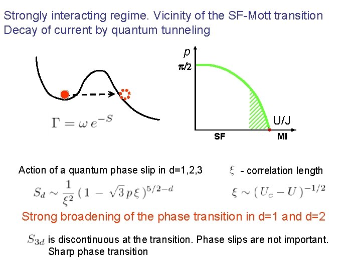 Strongly interacting regime. Vicinity of the SF-Mott transition Decay of current by quantum tunneling