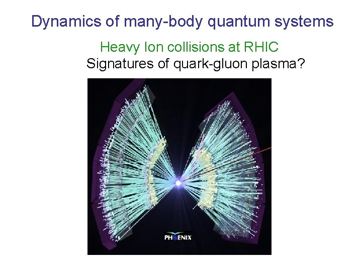 Dynamics of many-body quantum systems Heavy Ion collisions at RHIC Signatures of quark-gluon plasma?