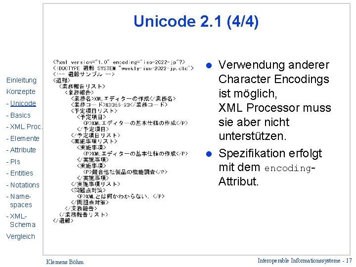Unicode 2. 1 (4/4) Verwendung anderer Character Encodings ist möglich, XML Processor muss sie