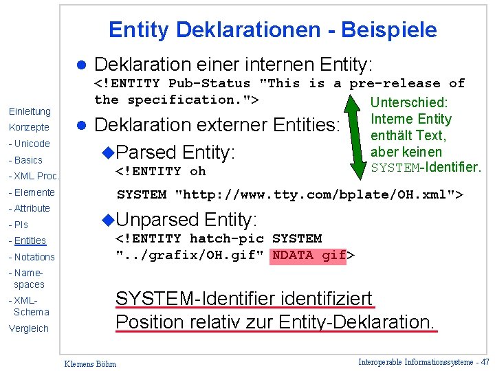 Entity Deklarationen - Beispiele l Einleitung Konzepte - Unicode - Basics - XML Proc.