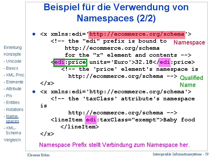 Beispiel für die Verwendung von Namespaces (2/2) <x xmlns: edi='http: //ecommerce. org/schema'> <!-- the