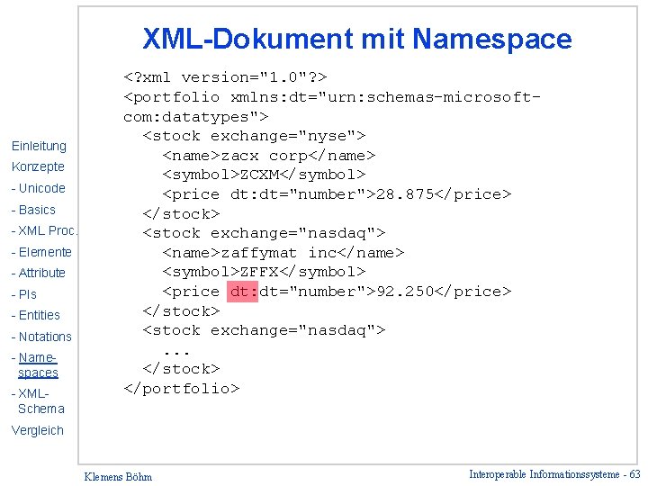 XML-Dokument mit Namespace Einleitung Konzepte - Unicode - Basics - XML Proc. - Elemente