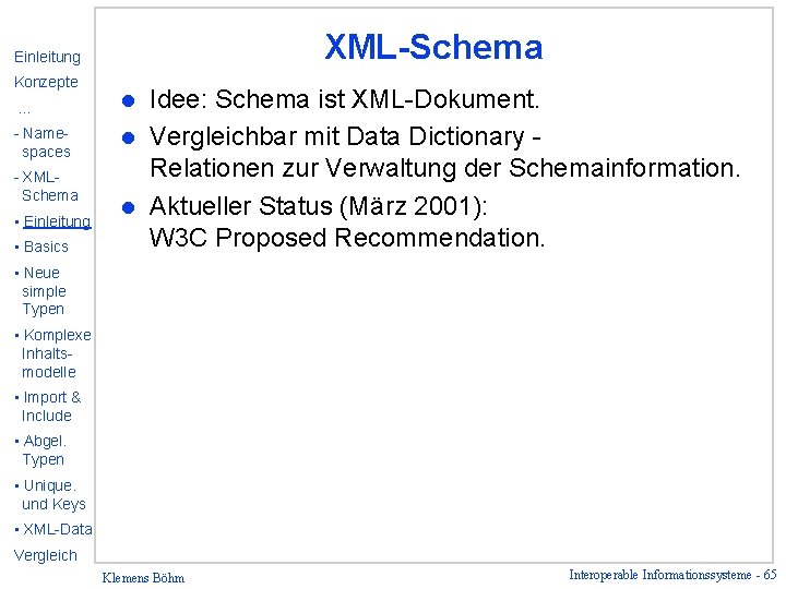 XML-Schema Einleitung Konzepte … - Namespaces - XMLSchema • Einleitung • Basics Idee: Schema