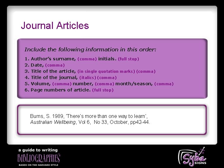 Journal Articles Include the following information in this order: 1. 2. 3. 4. 5.