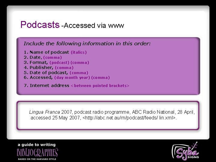 Podcasts -Accessed via www Include the following information in this order: 1. 2. 3.