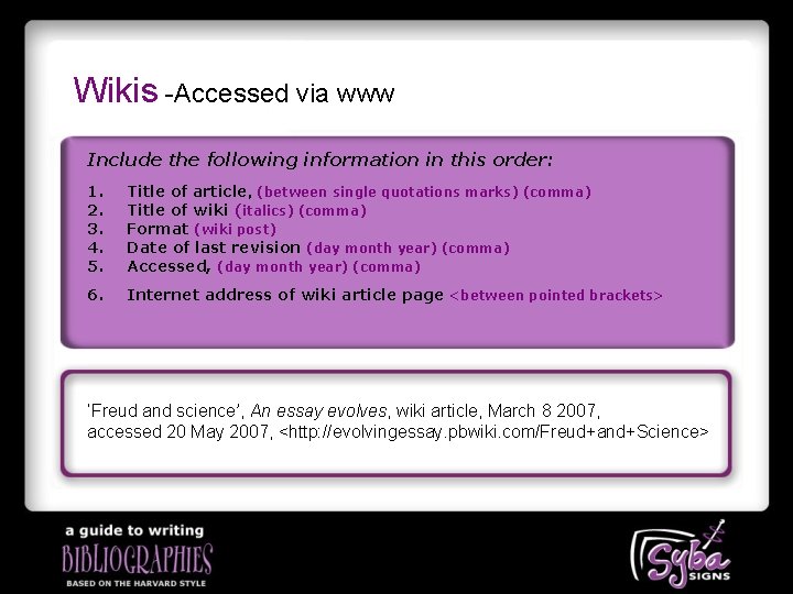 Wikis -Accessed via www Include the following information in this order: 1. 2. 3.