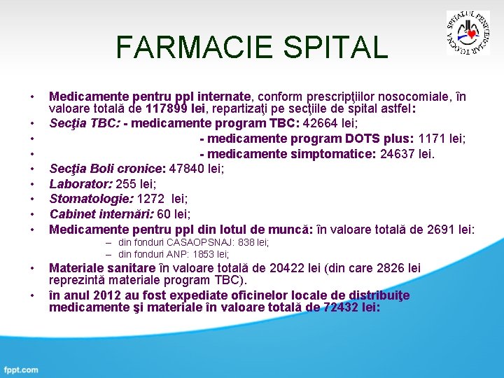 FARMACIE SPITAL • • • Medicamente pentru ppl internate, conform prescripţiilor nosocomiale, în valoare