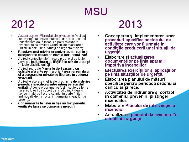  MSU 2012 2013 • • • Actualizarea Planului de evacuare în situaţii de