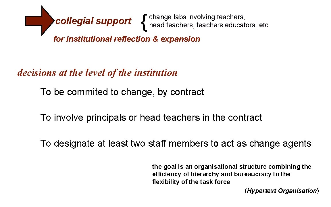 collegial support { change labs involving teachers, head teachers, teachers educators, etc for institutional