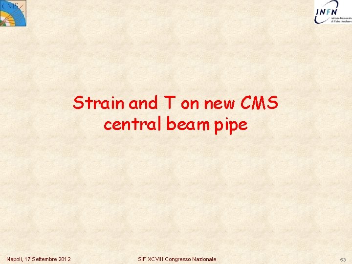 Strain and T on new CMS central beam pipe Napoli, 17 Settembre 2012 SIF
