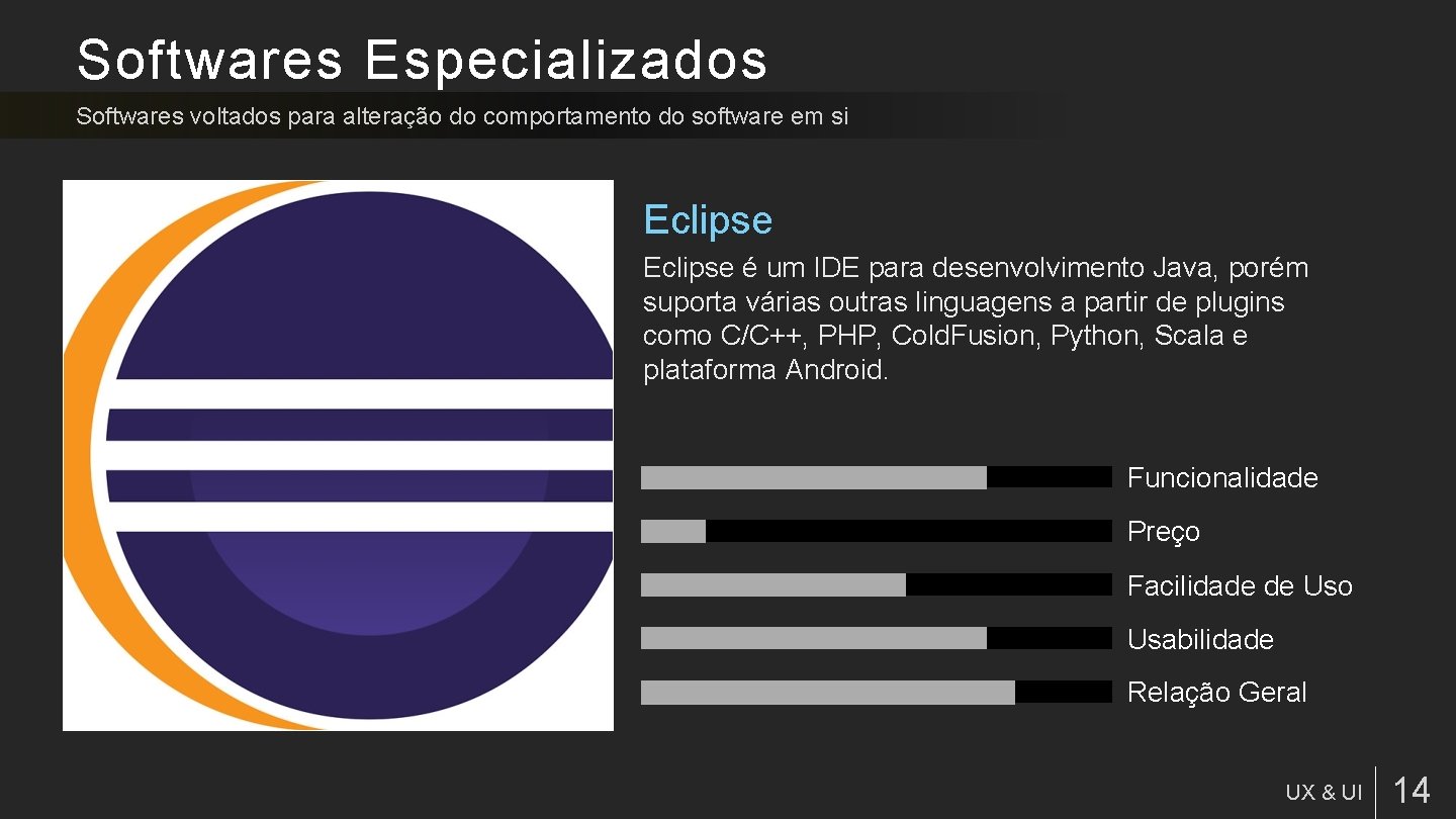 Softwares Especializados Softwares voltados para alteração do comportamento do software em si Eclipse é