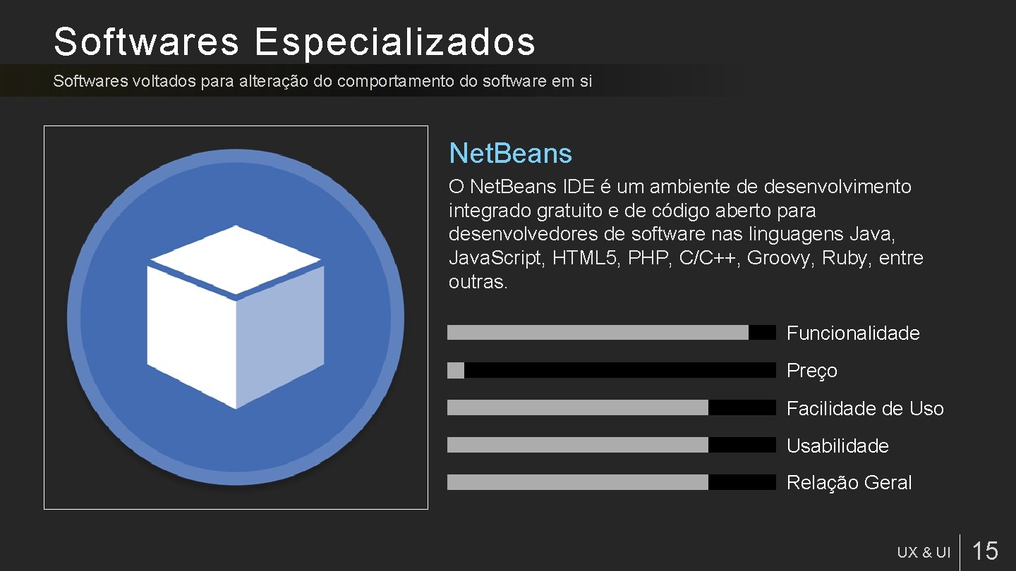 Softwares Especializados Softwares voltados para alteração do comportamento do software em si Net. Beans