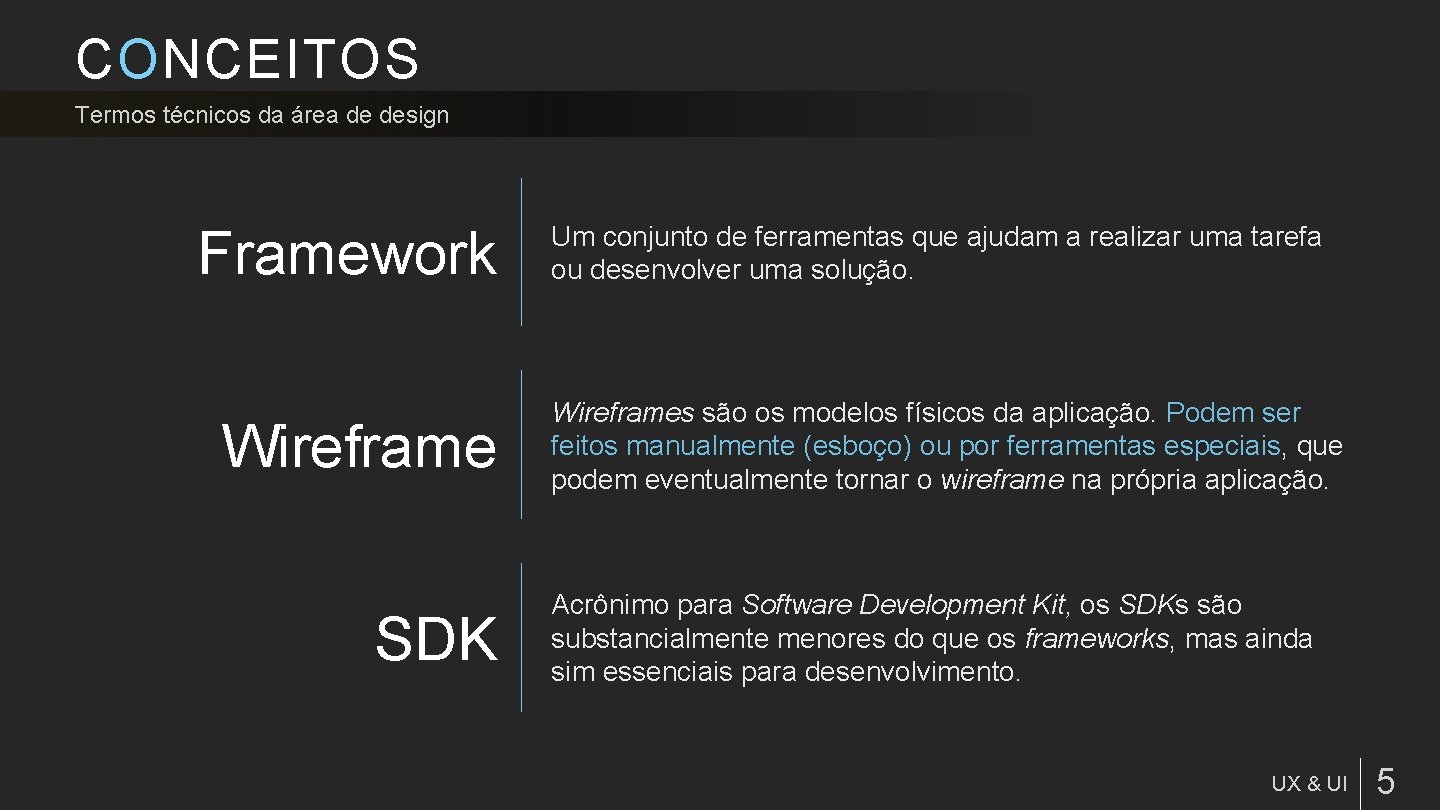 CONCEITOS Termos técnicos da área de design Framework Wireframe SDK Um conjunto de ferramentas