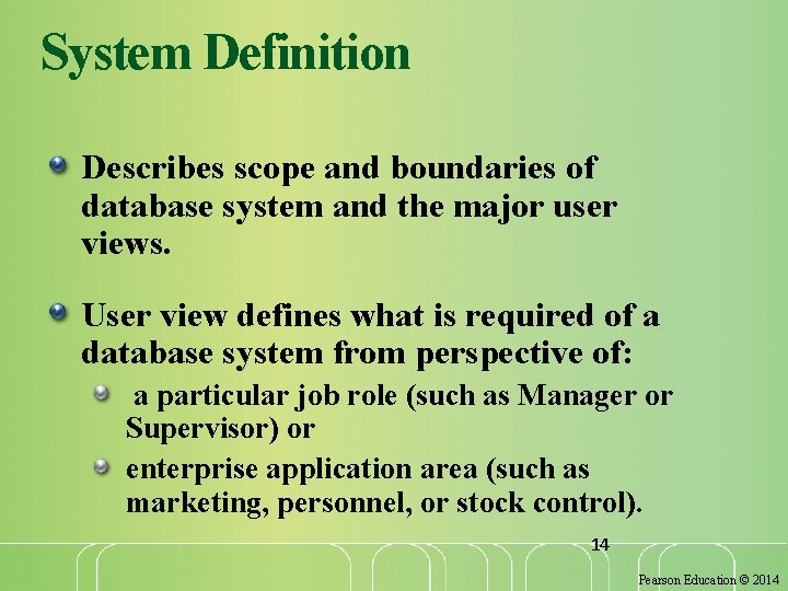 System Definition Describes scope and boundaries of database system and the major user views.