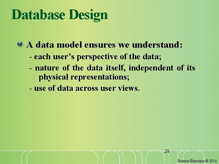 Database Design A data model ensures we understand: - each user’s perspective of the