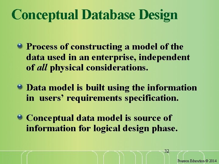 Conceptual Database Design Process of constructing a model of the data used in an