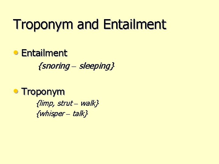 Troponym and Entailment • Entailment {snoring – sleeping} • Troponym {limp, strut – walk}