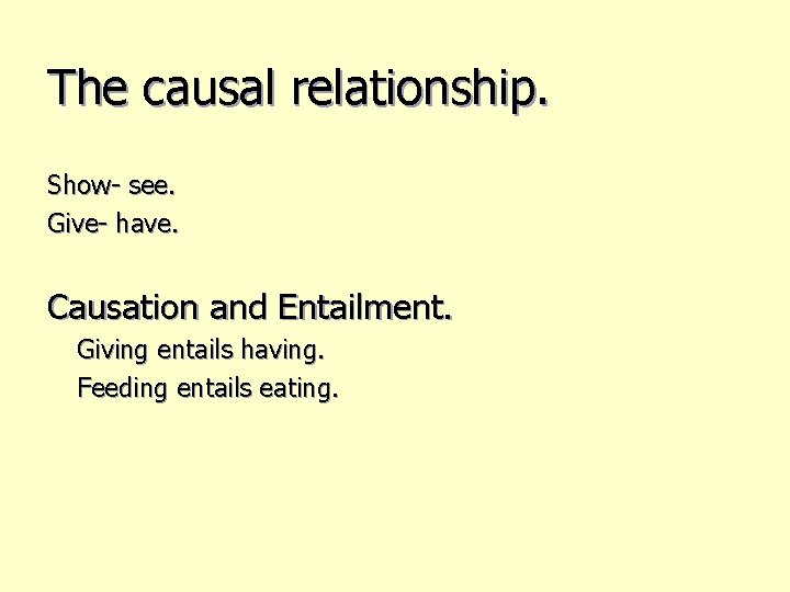 The causal relationship. Show- see. Give- have. Causation and Entailment. Giving entails having. Feeding