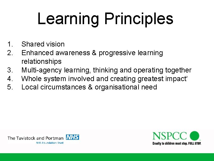 Learning Principles 1. 2. 3. 4. 5. Shared vision Enhanced awareness & progressive learning