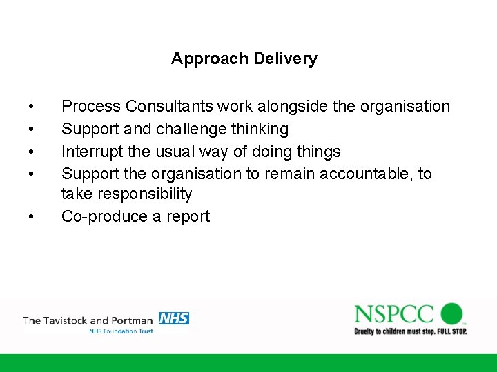 Approach Delivery • • • Process Consultants work alongside the organisation Support and challenge