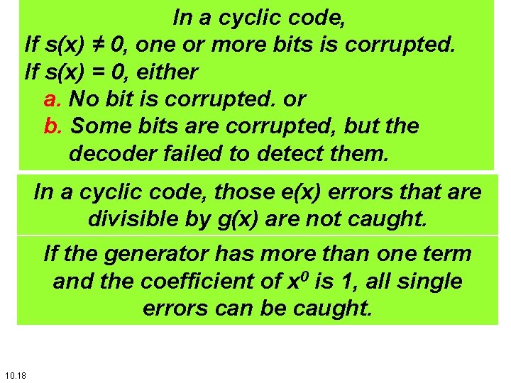 In a cyclic code, If s(x) ≠ 0, one or more bits is corrupted.