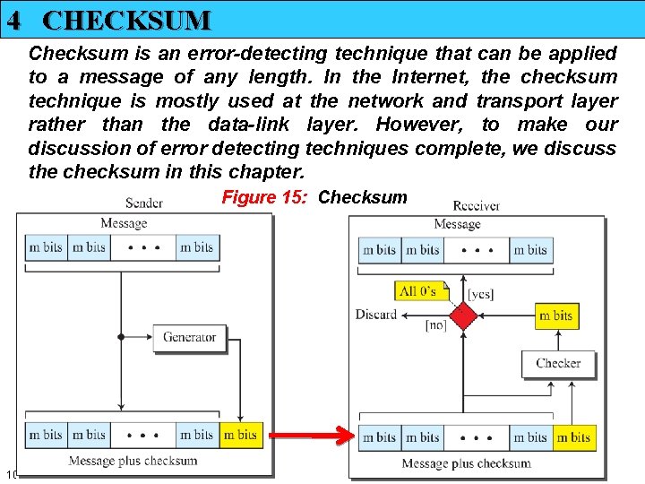 4 CHECKSUM Checksum is an error-detecting technique that can be applied to a message