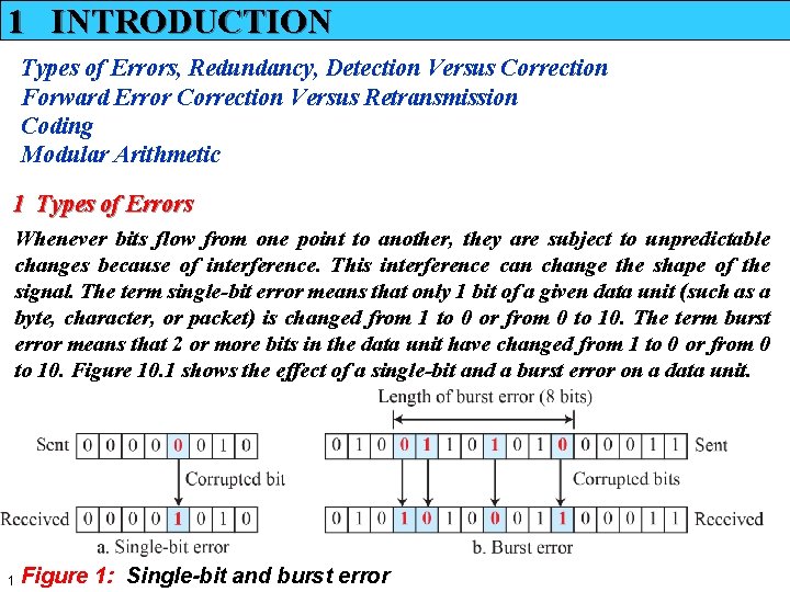 1 INTRODUCTION Types of Errors, Redundancy, Detection Versus Correction Forward Error Correction Versus Retransmission 1 INTRODUCTION Types of Errors, Redundancy, Detection Versus Correction Forward Error Correction Versus Retransmission