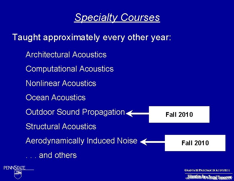 Specialty Courses Taught approximately every other year: Architectural Acoustics Computational Acoustics Nonlinear Acoustics Ocean