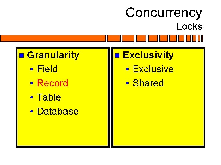Concurrency Locks n Granularity • Field • Record • Table • Database n Exclusivity Concurrency Locks n Granularity • Field • Record • Table • Database n Exclusivity