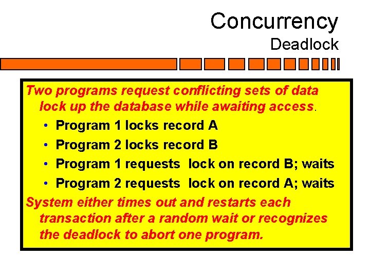 Concurrency Deadlock Two programs request conflicting sets of data lock up the database while Concurrency Deadlock Two programs request conflicting sets of data lock up the database while