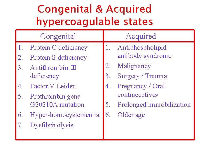 Congenital & Acquired hypercoagulable states Congenital 1. Protein C deficiency 2. Protein S deficiency