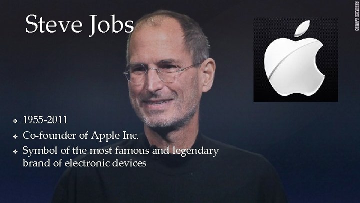 Steve Jobs v v v 1955 -2011 Co-founder of Apple Inc. Symbol of the