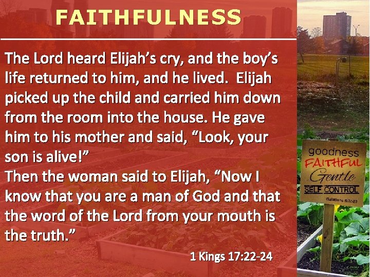 FAITHFULNESS The Lord heard Elijah’s cry, and the boy’s life returned to him, and