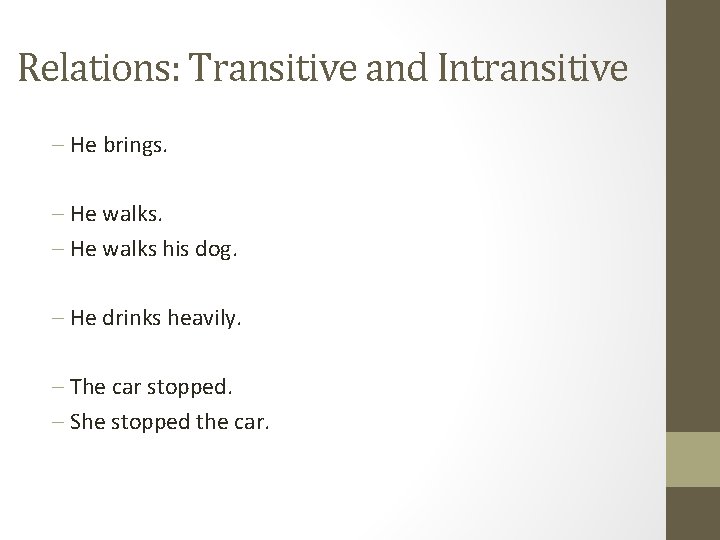 Relations: Transitive and Intransitive - He brings. - He walks his dog. - He
