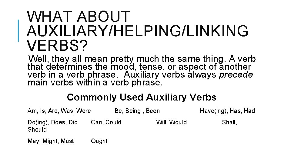 WHAT ABOUT AUXILIARY/HELPING/LINKING VERBS? Well, they all mean pretty much the same thing. A