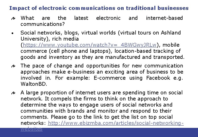 Impact of electronic communications on traditional businesses What are the communications? • latest electronic