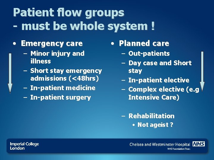 Patient flow groups - must be whole system ! • Emergency care – Minor