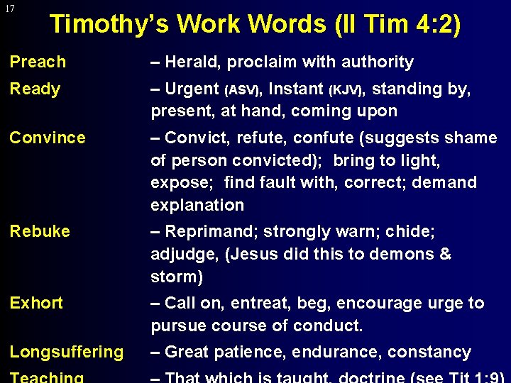 17 Timothy’s Work Words (II Tim 4: 2) Preach – Herald, proclaim with authority