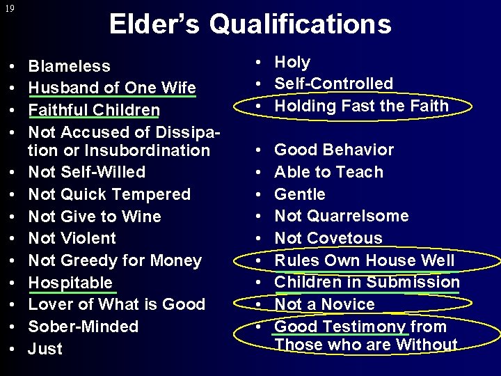 19 • • • • Elder’s Qualifications Blameless Husband of One Wife Faithful Children