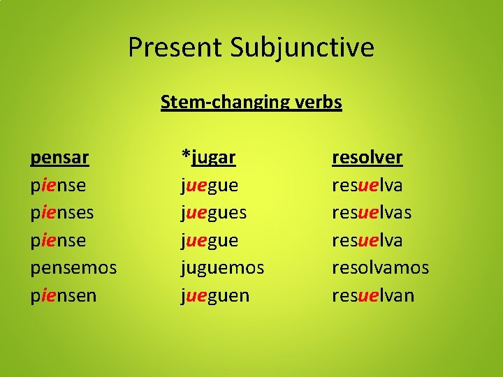 Present Subjunctive Stem-changing verbs pensar pienses piense pensemos piensen *jugar juegues juegue juguemos jueguen